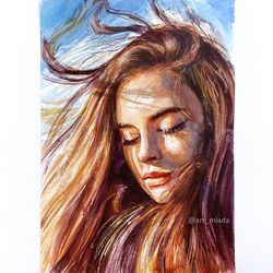 Original watercolor painting Red haired girl Wall art decor  Female portrait painting