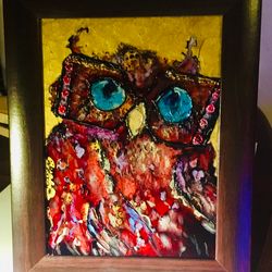 red owl in glasses,stained glass panel,abstract painting on glass.