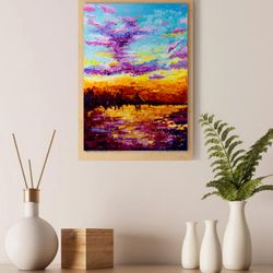 original oil abstract impasto painting on panel seascape wall hanging sunset art