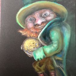 Leprechaun with a golden coin,original soft pastel painting ,gift,home decoration