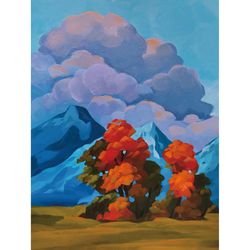 Original painting Red trees at the foot of the mountains. Autumn landscape.