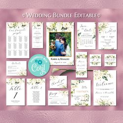 White Rose Wedding Invitation Set, Editable Wedding Invitation, Wedding Template Bundle, Floral Wedding Pack Printable