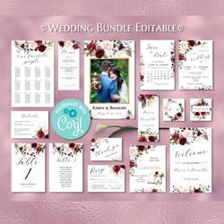 Red Rose Wedding Invitation Set, Editable Wedding Invitation, Wedding Template Bundle, Floral Wedding Pack Printable
