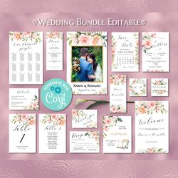 Pink Rose Wedding Invitation Set, Editable Wedding Invitation, Wedding Template Bundle, Floral Wedding Pack Printable