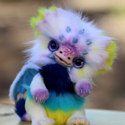 Dragon baby Faya furry dragon, furry dragon, big eyes, purple eyes, fur doll, fur sculpture, fantasy creature toy, drago