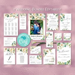 white floral wedding invitation set, editable wedding invitation, wedding template bundle, floral wedding pack printable