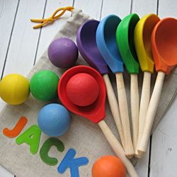 Rainbow Set 6 Sorting Wooden Balls 1.8"(4.5cm) and 6 Spoons with personalized fabric bag, Color Sorting game for toddler