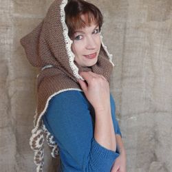 Knitted wool hooded cottagecore scarf Hooded brown cowl Long knit scarf Women's knit scarf Crochet scarf Boho clothing