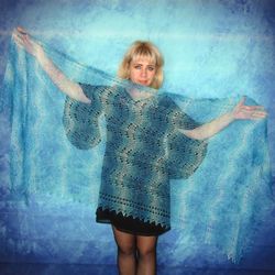 Hand knit blue-turquoise scarf,Warm Russian Orenburg shawl,Wool wrap,Goat down stole,Bridal cover up,Lace kerchief,Cape