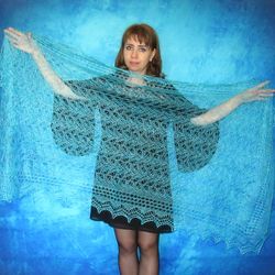 Hand knit turquoise scarf, Warm Russian Orenburg shawl, Wool wrap, Goat down stole, Bridal cover up, Lace kerchief, Cape