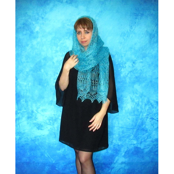Hand knit turquoise scarf, Handmade Russian Orenburg shawl, Goat wool shoulder wrap, Warm cover up, Lace pashmina, Downy kerchief, Stole, Cape, Gift for a woman