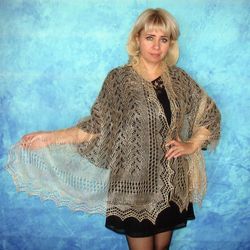 Hand knit beige scarf,Warm Russian Orenburg shawl,Wool wrap,Goat down stole,Bridal cover up,Wedding cape,Lace kerchief