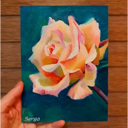 original flower oil art on cardboard rose 6x8 inches