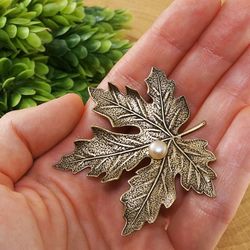 Brass Maple Leaf Brooch Pin Woodland Forest Nature Botanical Natural Pearl Large Metal Boho Brooch Pin Jewelry Gift 7425