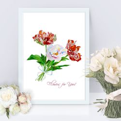Poster Bouquet with Red Tulips and Peony, Flowers for gift
