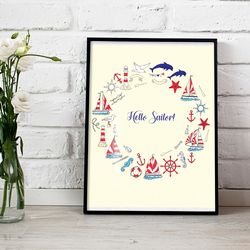 Nautical Poster for Interior with Boat, Yachts, Sea and Dolphins