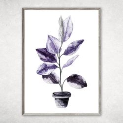 Abstract leaves painting, Modern Purple Watercolor Botanical Art Poster, Fashion wall art, Purple bedroom decor