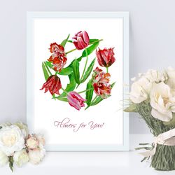 Interior Poster with Red Tulips Flowers for Gift, botanical, plant, floral