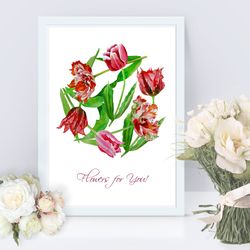 interior poster with red tulips flowers for gift, botanical, plant, floral