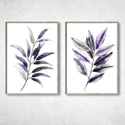 Set of 2 Botanical Print Set, Plant Posters, Purple bedroom decor, Purple wall art, Watercolor decor living room