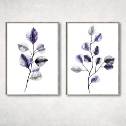 Leaves Print Set of 2 Watercolor Leaves Print, Eucalyptus Print, Fashion wall art, Purple bedroom decor, Purple wall art