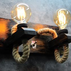 Wall light 2 bulbs sconce lighting Wooden lamp with handmade rope Edison light fixture for rustic industrial styles