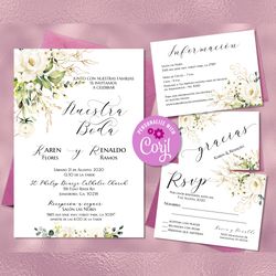 White Rose Pack de Boda, Spanish Wedding Invitations Set, Invitaciones de Boda, Spanish RSVP Card, Details Card Editable