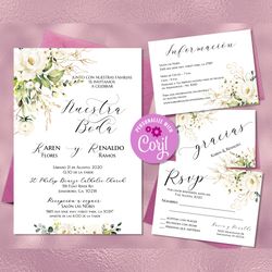 white rose pack de boda, spanish wedding invitations set, invitaciones de boda, spanish rsvp card, details card editable