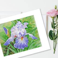 Poster Iris Drops of Dew in the Garden, Watercolor Flowers for Gift