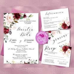 red rose pack de boda, spanish wedding invitations set, invitaciones de boda, spanish rsvp card, details card editable