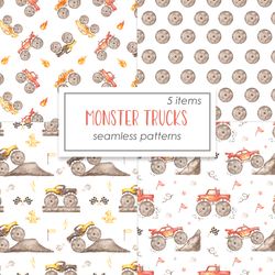 monster trucks watercolor seamless pattern