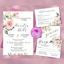 Pink Rose Pack de Boda, Spanish Wedding Invitations Set, Invitaciones de Boda, Spanish RSVP Card, Details Card Editable