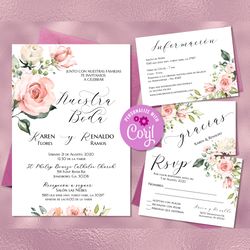 pink rose pack de boda, spanish wedding invitations set, invitaciones de boda, spanish rsvp card, details card editable