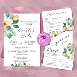 White Floral Pack de Boda Spanish Wedding Invitations Set Invitaciones de Boda, Spanish RSVP Card, Details Card Editable
