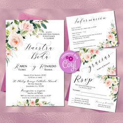 Pink Floral Pack de Boda Spanish Wedding Invitations Set, Invitaciones de Boda, Spanish RSVP Card, Details Card Editable