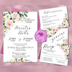 pink floral pack de boda spanish wedding invitations set, invitaciones de boda, spanish rsvp card, details card editable