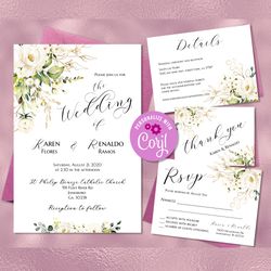 White Rose Wedding Invitation Set, Wedding Bundle Printable, Wedding RSVP Card, Details Card, Thank You Card Editable