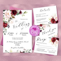 Red Rose Wedding Invitation Set, Wedding Bundle Printable, Wedding RSVP Card, Details Card, Thank You Card Editable
