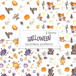 halloween watercolor seamless pattern with ghosts, black cat, monsters, bat, pumpkins.