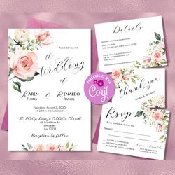 Pink Rose Wedding Invitation Set, Wedding Bundle Printable, Wedding RSVP Card, Details Card, Thank You Card Editable