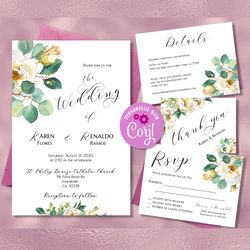White Floral Wedding Invitation Set, Wedding Bundle Printable, Wedding RSVP Card, Details Card, Thank You Card Editable