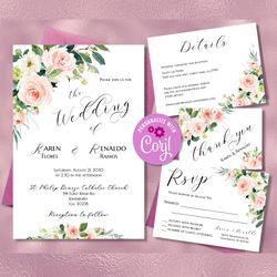 pink floral wedding invitation set, wedding bundle printable, wedding rsvp card, details card, thank you card editable