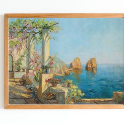 canvas art print | vintage capri oil painting | italian decor wall art | capri seascape artwork | laguna beach art print