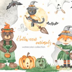Halloween animal watercolor clipart with bear, witch fox, ghosts, cat on broomstick.