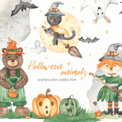 halloween animal watercolor clipart with bear, witch fox, ghosts, cat on broomstick.