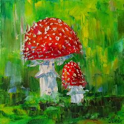Fly Agaric Painting Mushrooms Canvas Oil Painting Impasto Original Art 10 by 10 Textured Painting