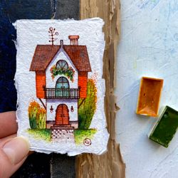 Tiny house painting Original art Miniature watercolor Small wall art 2x3 by Rubinova