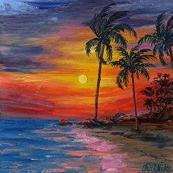 Sunset Beach Painting Seascape Oil Painting 8 by 8 Palm Trees Original Art Sunset Sky Wall Art