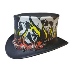 Burn in Hell Skull Leather Top Hat