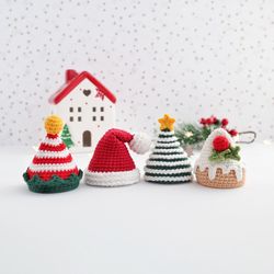 Crochet pattern Christmas mini hats: Elf, Pudding, Santa, Christmas tree